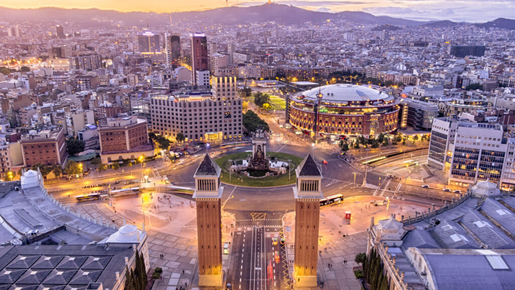 Aerial View of plaza españa at sunset in Barcelona, Spain